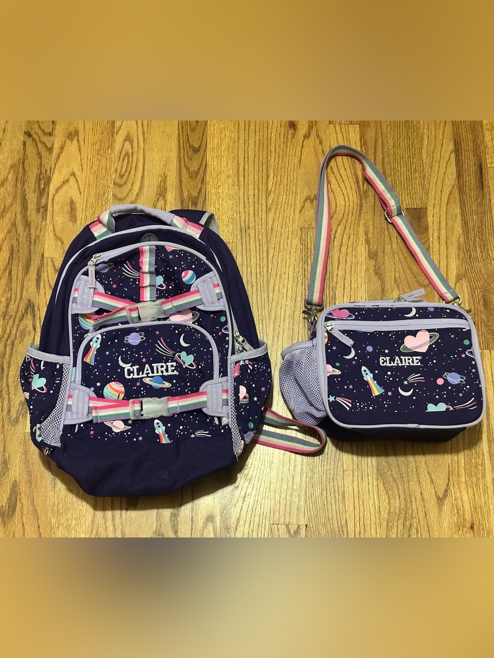 Pottery Barn Kids Purple Outer Space Large Backpack with Cold Pack Lunchbox.